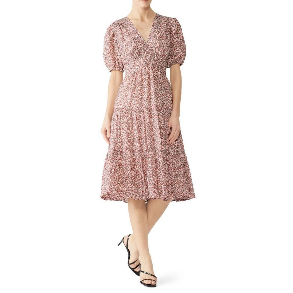 Tory Burch Floral Cotton Silk Tiered Midi Dress Puff Sleeves Preppy Sz 0